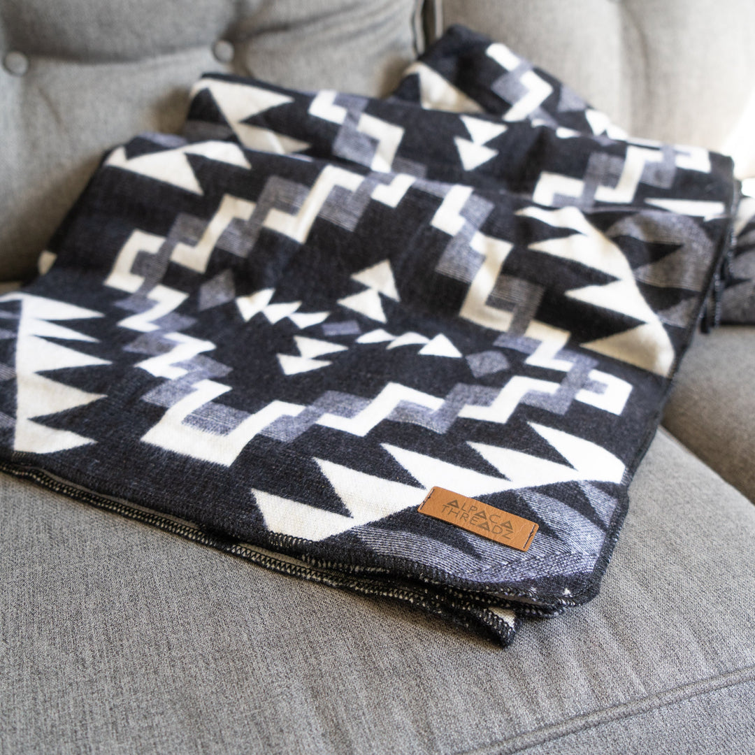 Andean Alpaca Wool Blanket - Black Chakana by Alpaca Threadz