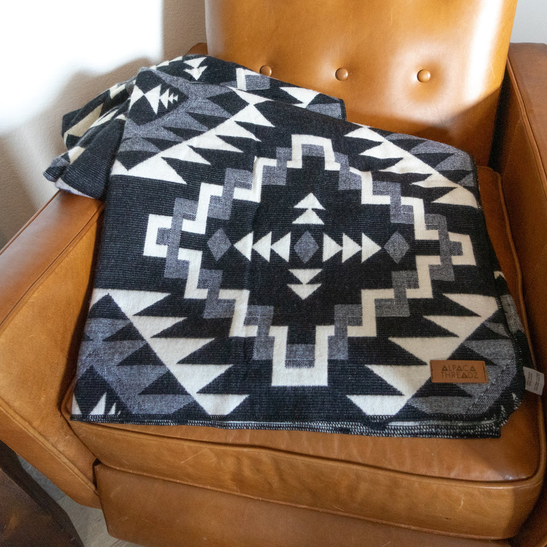 Andean Alpaca Wool Blanket - Black Chakana by Alpaca Threadz