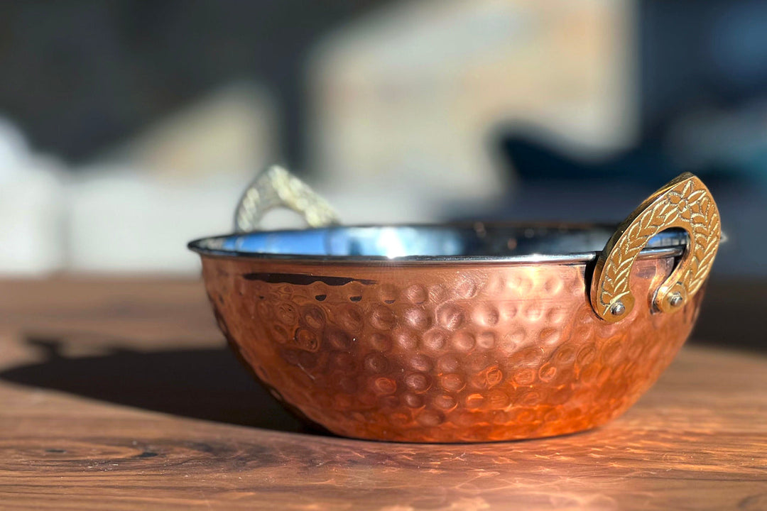 Indian Handi Serving Bowl - Hammered Copper Double Walled by Verve Culture