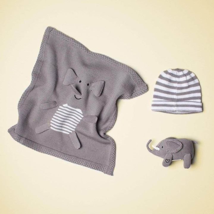 Organic Baby Gift Set - Newborn Rattle, Lovey Blanket & Hat | Elephant by Estella